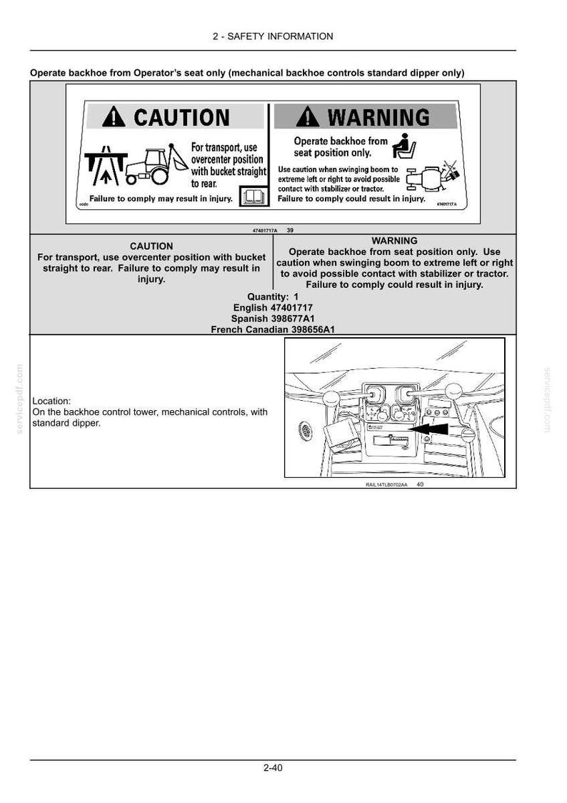 May include: Safety information diagram with caution and warning symbols. Text advises on backhoe operation, including transport and seat position. Includes part numbers and a diagram of the backhoe controls.