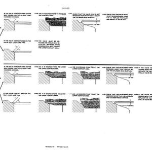 May include: Diagram of engine valve seat contact area, with instructions for repair. The image shows cross-sectional views of valve seats and valve heads, with arrows indicating steps for grinding and checking valve head depth.