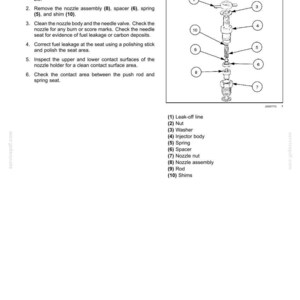 May include: Diagram of a fuel injector disassembly process, with numbered components including a nozzle nut, injector body, spring, and shims. The image includes a list of steps and part names for maintenance.