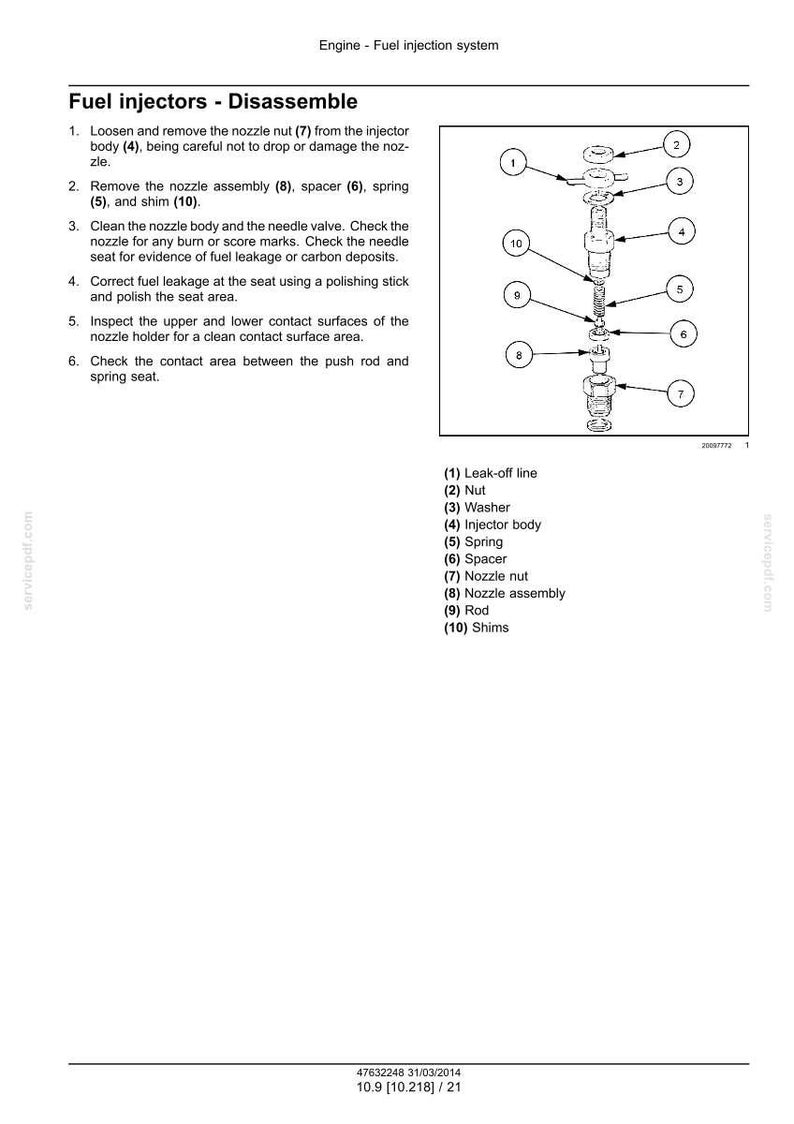 May include: Diagram of a fuel injector disassembly process, with numbered components including a nozzle nut, injector body, spring, and shims. The image includes a list of steps and part names for maintenance.