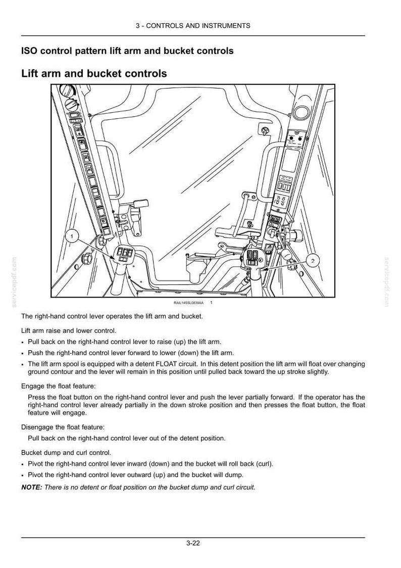May include: A technical line drawing showing the interior cab controls of heavy machinery, specifically the ISO control pattern for lift arm and bucket operation. The diagram features two joysticks with numbered labels and buttons.