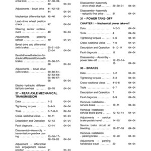 May include: A page from a manual titled "CONTENTS" with a list of automotive repair topics. The topics include "Bevel drive," "Brakes," and "Rear axle mechanical transmission." The page numbers and dates are also listed.