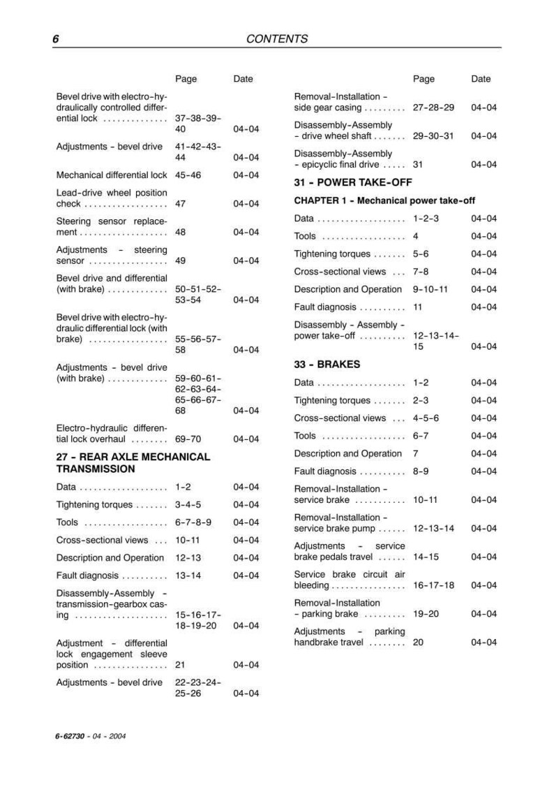 May include: A page from a manual titled "CONTENTS" with a list of automotive repair topics. The topics include "Bevel drive," "Brakes," and "Rear axle mechanical transmission." The page numbers and dates are also listed.