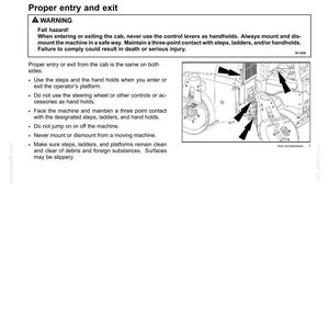 May include: A page from an equipment manual titled "3 - CONTROLS AND INSTRUMENTS." It includes a warning about proper entry and exit, with an illustration of a machine's cab and handholds. Text details safety procedures.