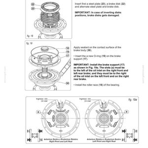 May include: Diagram of a CASE CONSTRUCTION brake assembly, featuring detailed illustrations of components like steel plates, brake disks, and O-rings. The diagram includes labels and instructions for assembly, with a focus on correct positioning and the application of sealant. The image also includes the text "IMPORTANT".