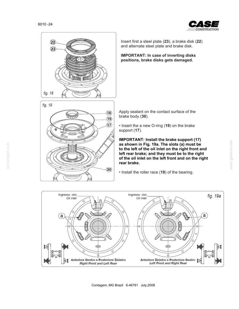 May include: Diagram of a CASE CONSTRUCTION brake assembly, featuring detailed illustrations of components like steel plates, brake disks, and O-rings. The diagram includes labels and instructions for assembly, with a focus on correct positioning and the application of sealant. The image also includes the text "IMPORTANT".
