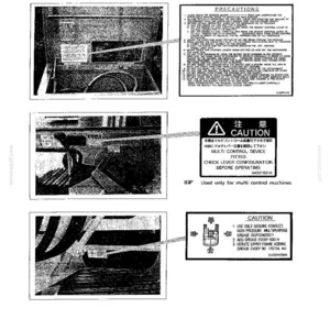 Puede incluir: Una p&aacute;gina de manual t&eacute;cnico con tres diagramas en blanco y negro de componentes de maquinaria y etiquetas de seguridad. El texto incluye PRECAUTIONS, CAUTION, MULTI CONTROL DEVICE FITTED e instrucciones de mantenimiento.