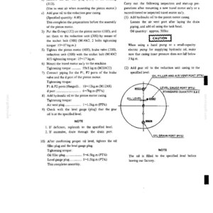 K&ouml;nnte beinhalten: Eine technische Dokumentenseite mit Anweisungen zur Montage und Wartung eines Hydraulikmotors. Sie enth&auml;lt nummerierte Schritte, Drehmomentspezifikationen, einen Warnhinweis und ein kreisf&ouml;rmiges Diagramm mit &Ouml;lf&uuml;ll-, F&uuml;llstand- und Ablass&ouml;ffnungen.