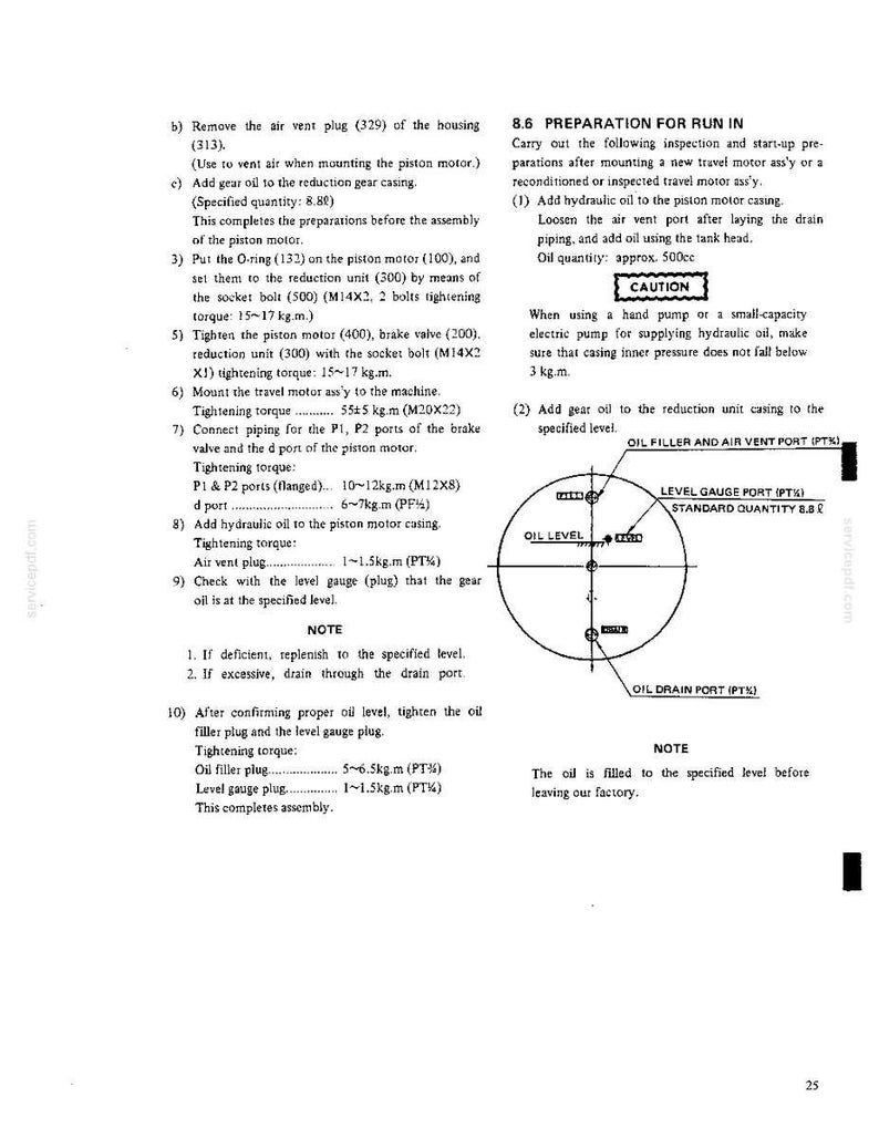 K&ouml;nnte beinhalten: Eine technische Dokumentenseite mit Anweisungen zur Montage und Wartung eines Hydraulikmotors. Sie enth&auml;lt nummerierte Schritte, Drehmomentspezifikationen, einen Warnhinweis und ein kreisf&ouml;rmiges Diagramm mit &Ouml;lf&uuml;ll-, F&uuml;llstand- und Ablass&ouml;ffnungen.