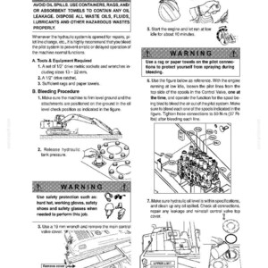 May include: A technical manual page titled Special Procedures 10.5 Bleeding the Pilot System. It features black and white line drawings of heavy machinery, hydraulic components, and safety warnings for maintenance, including torque specs of 37 Ft-lbs.