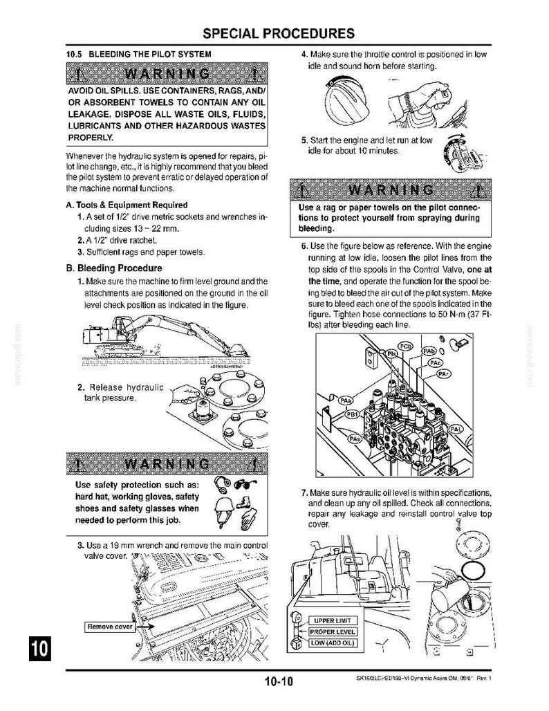May include: A technical manual page titled Special Procedures 10.5 Bleeding the Pilot System. It features black and white line drawings of heavy machinery, hydraulic components, and safety warnings for maintenance, including torque specs of 37 Ft-lbs.