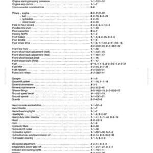 May include: A black and white index page from a technical manual labeled Section 5, listing various mechanical subjects and their corresponding page numbers, including engine procedures, filters, brakes, and hydraulic systems in a column format.