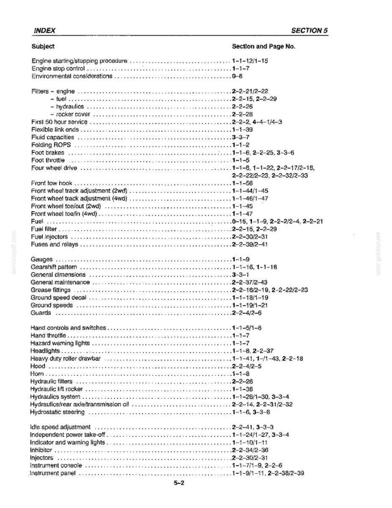 May include: A black and white index page from a technical manual labeled Section 5, listing various mechanical subjects and their corresponding page numbers, including engine procedures, filters, brakes, and hydraulic systems in a column format.