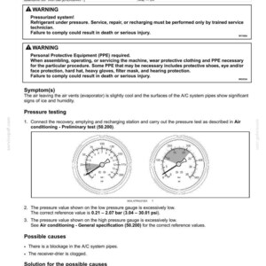 May include: A technical document about air conditioning pressure testing, with warnings about pressurized systems and PPE. Includes diagrams of pressure gauges and instructions for troubleshooting. The document is for trained technicians.