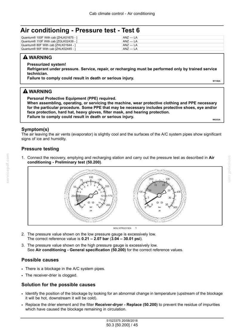 May include: A technical document about air conditioning pressure testing, with warnings about pressurized systems and PPE. Includes diagrams of pressure gauges and instructions for troubleshooting. The document is for trained technicians.