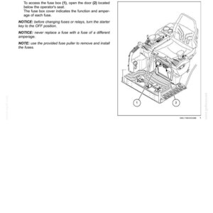 May include: Diagram of a vehicle's fuse and relay locations. The image shows the fuse box (1) and door (2) below the operator's seat. Text provides instructions for fuse replacement and safety notices.
