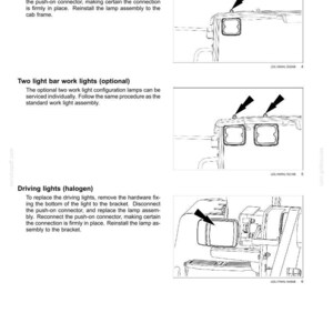 May include: A technical maintenance manual page titled 7-MAINTENANCE featuring diagrams for replacing LED work lights, optional two light bar work lights, and halogen driving lights on a vehicle cab frame, with arrows indicating specific components.