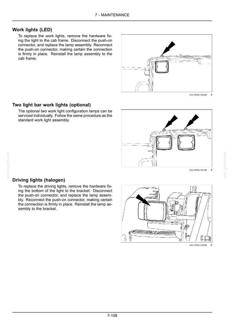 May include: A technical maintenance manual page titled 7-MAINTENANCE featuring diagrams for replacing LED work lights, optional two light bar work lights, and halogen driving lights on a vehicle cab frame, with arrows indicating specific components.