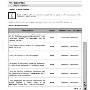 May include: A maintenance manual page with the CASE logo, titled "Primary Crusher" and "HC Series." The page details regular maintenance procedures, including inspections and checks, with a table outlining interventions, timing, and the state of the attachment.