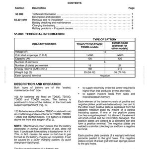 May include: A technical document titled "SECTION 55 - ELECTRICAL SYSTEM - CHAPTER 5" with a table detailing battery characteristics, including voltage, capacity, and weight in pounds. The document also describes battery operation and maintenance.