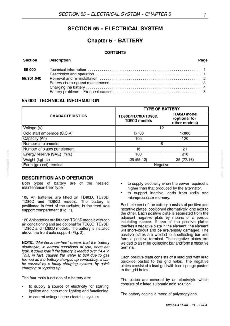 May include: A technical document titled "SECTION 55 - ELECTRICAL SYSTEM - CHAPTER 5" with a table detailing battery characteristics, including voltage, capacity, and weight in pounds. The document also describes battery operation and maintenance.