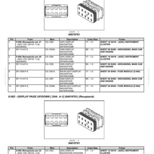May include: Diagram of electrical system harnesses and connectors, including X-082 and X-083 receptacles. The image features detailed pin configurations, wire descriptions, and color-size specifications for automotive applications.