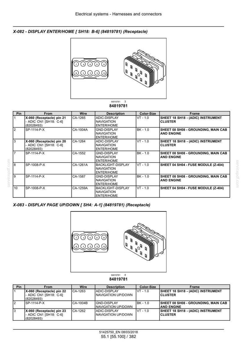 May include: Diagram of electrical system harnesses and connectors, including X-082 and X-083 receptacles. The image features detailed pin configurations, wire descriptions, and color-size specifications for automotive applications.