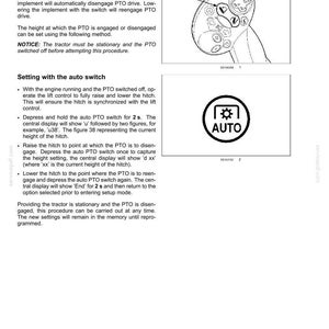 May include: A technical manual page titled 6-WORKING OPERATIONS detailing Auto PTO operation. It includes a diagram of a control handle with a switch labeled 1 and a circular icon featuring a gear symbol and the text AUTO, explaining settings.