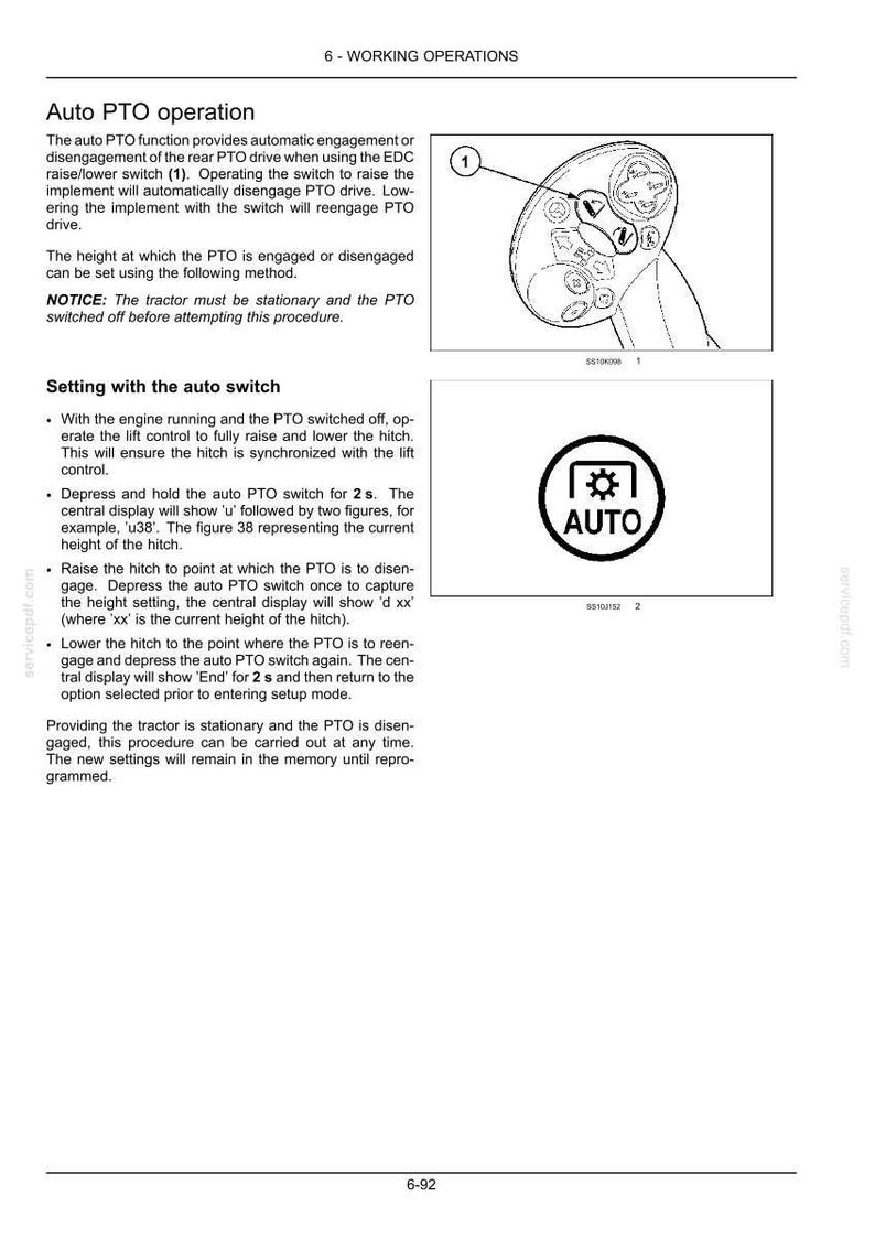 May include: A technical manual page titled 6-WORKING OPERATIONS detailing Auto PTO operation. It includes a diagram of a control handle with a switch labeled 1 and a circular icon featuring a gear symbol and the text AUTO, explaining settings.