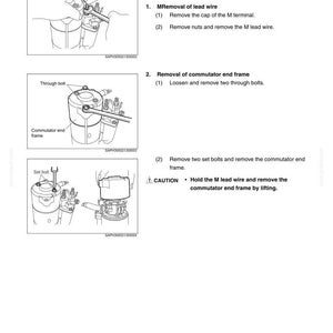 May include: Diagram illustrating the disassembly of a component, likely automotive. The image shows steps for removing parts, including the M lead wire and commutator end frame. Text includes "Starting and Charging" and "Disassembly."