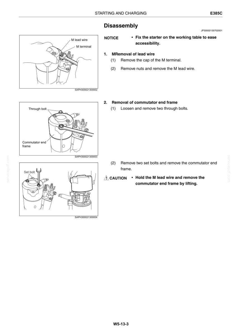 May include: Diagram illustrating the disassembly of a component, likely automotive. The image shows steps for removing parts, including the M lead wire and commutator end frame. Text includes "Starting and Charging" and "Disassembly."