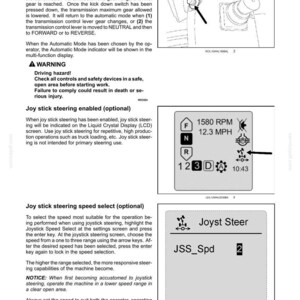 May include: Diagram of a machine control panel with text and illustrations. Includes a kick-down switch, a digital display showing RPM and speed (12.3 MPH), and a joystick steering speed selector with a range of 1 to 3.