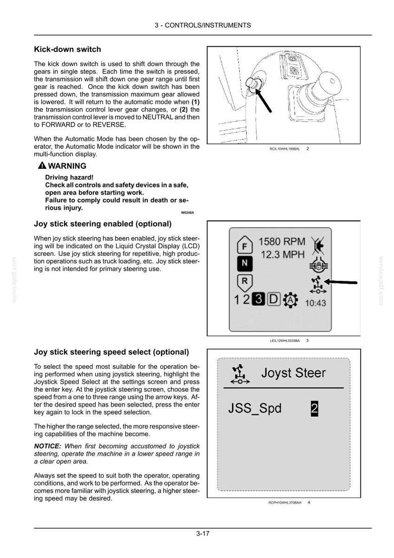 May include: Diagram of a machine control panel with text and illustrations. Includes a kick-down switch, a digital display showing RPM and speed (12.3 MPH), and a joystick steering speed selector with a range of 1 to 3.