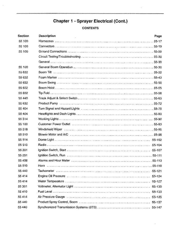May include: A black and white technical document page titled Chapter 1 - Sprayer Electrical (Cont.) CONTENTS. It lists sections, descriptions, and page numbers for sprayer components like harnesses, boom tilt, lights, and various gauges.