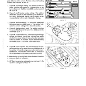 May include: A technical manual page titled 6-WORKING OPERATIONS, Settings and display, featuring a diagram of a tractor hitch control interface with numbered indicators, a digital screen display, and a control console with rotary adjustment knobs.
