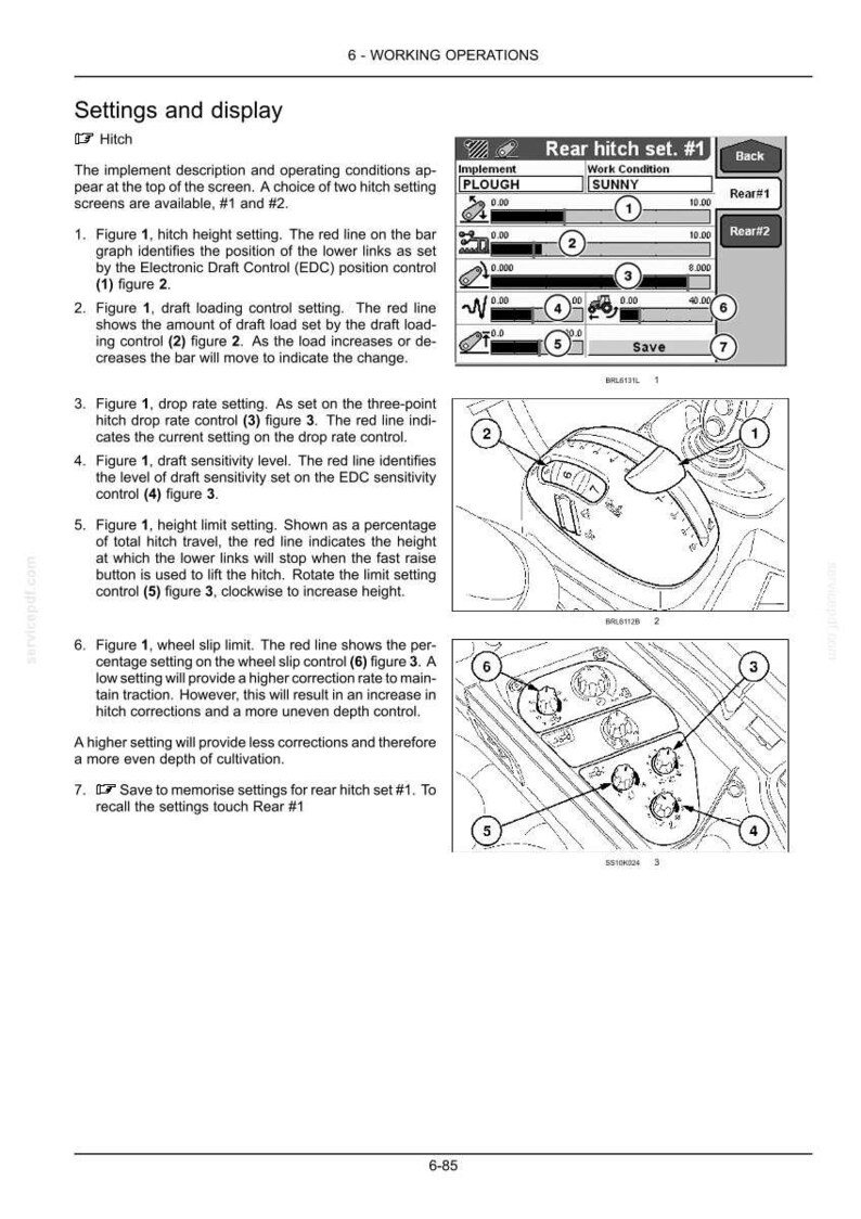 May include: A technical manual page titled 6-WORKING OPERATIONS, Settings and display, featuring a diagram of a tractor hitch control interface with numbered indicators, a digital screen display, and a control console with rotary adjustment knobs.