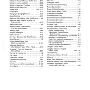 May include: A black and white table of contents page from a technical manual, featuring two columns of text listing tractor maintenance and operation topics such as Setting a Light Service Reminder, Shuttle Lever, and Transmission Calibration.