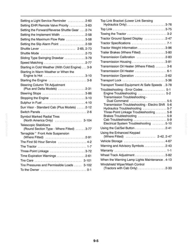 May include: A black and white table of contents page from a technical manual, featuring two columns of text listing tractor maintenance and operation topics such as Setting a Light Service Reminder, Shuttle Lever, and Transmission Calibration.
