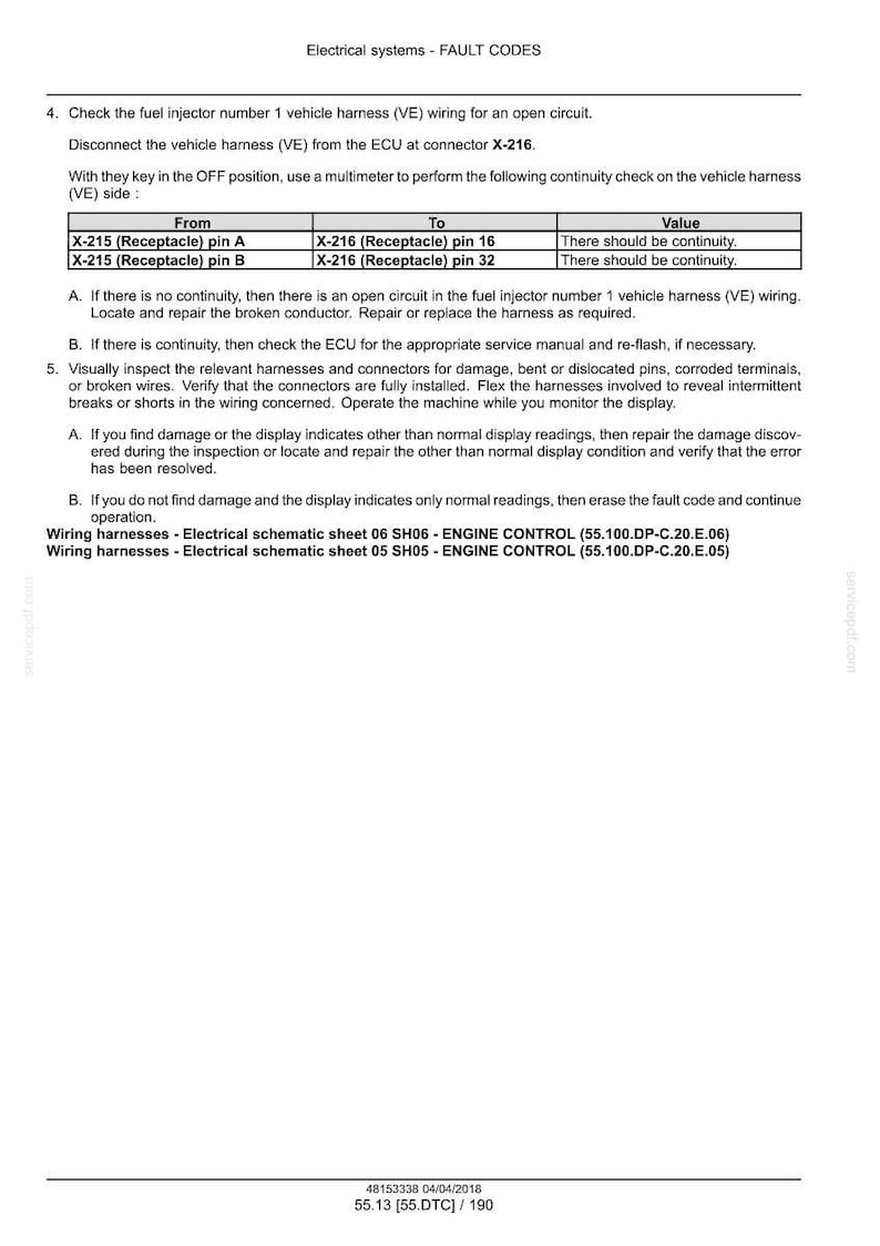 May include: A page from a manual titled "Electrical systems - FAULT CODES". It includes instructions for checking fuel injector wiring, with tables detailing connector pinouts and expected values. The document also provides troubleshooting steps.