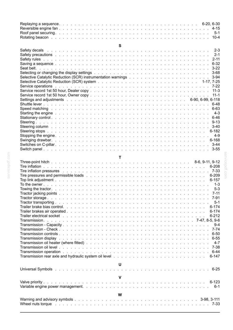 May include: A page from a technical manual index featuring alphabetical entries from Replaying a sequence to Wheel nuts torque. The text is printed in black on a white background, organized in two columns with dotted lines leading to page numbers.