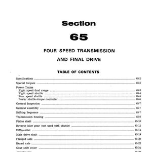 May include: A white page with the title "Section 65" in bold black font, followed by "FOUR SPEED TRANSMISSION AND FINAL DRIVE." Below is a table of contents with various mechanical terms.