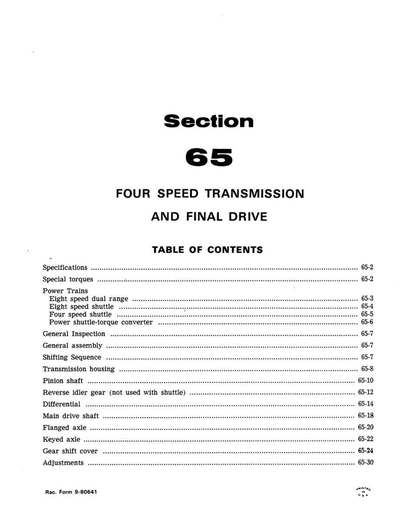 May include: A white page with the title "Section 65" in bold black font, followed by "FOUR SPEED TRANSMISSION AND FINAL DRIVE." Below is a table of contents with various mechanical terms.