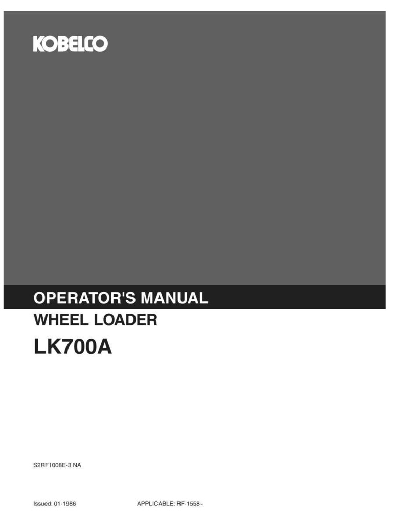 May include: A gray Kobelco operator's manual for a wheel loader model LK700A. The cover features the white Kobelco logo at the top, with the text OPERATOR'S MANUAL, WHEEL LOADER, and LK700A below. It includes the code S2RF1008E-3 NA, 01-1986, and RF-1558.