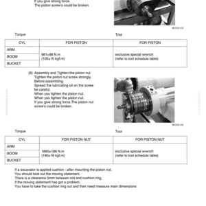 Peut inclure: Sch&eacute;ma technique avec instructions pour l'assemblage et le serrage d'un ensemble piston. Comprend les sp&eacute;cifications de couple pour le bras et la fl&egrave;che, et l'outil requis : une cl&eacute; sp&eacute;ciale exclusive. L'image montre &eacute;galement un gros plan de l'ensemble piston.