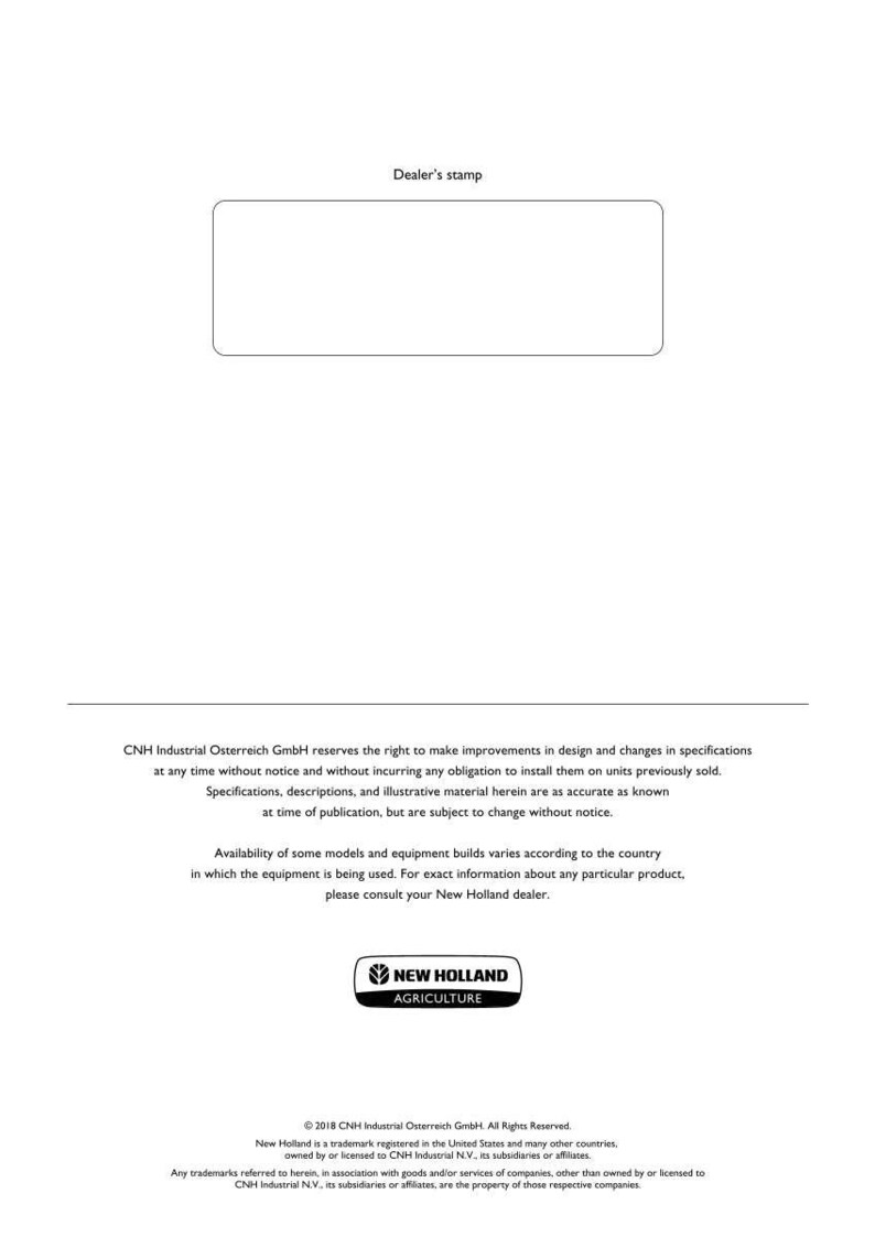May include: A white document page featuring a rectangular box labeled Dealer's stamp at the top. The bottom section contains text regarding CNH Industrial Osterreich GmbH, the New Holland Agriculture logo, and copyright information from 2018.