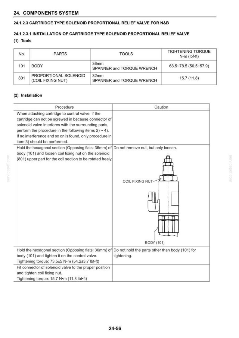 May include: Diagram of a cartridge type solenoid proportional relief valve, including a body and proportional solenoid. The image includes a table with tightening torque specifications in N-m and lbf-ft, and installation instructions.