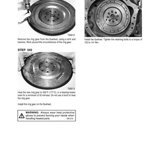 May include: Technical diagram illustrating ring gear removal and installation steps. Includes images of the flywheel, ring gear, and tools. Text provides instructions and a warning about wearing heat-protective gloves.