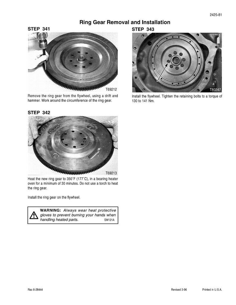 May include: Technical diagram illustrating ring gear removal and installation steps. Includes images of the flywheel, ring gear, and tools. Text provides instructions and a warning about wearing heat-protective gloves.