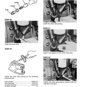 May include: Diagram of a relief valve assembly with step-by-step instructions. Includes illustrations of the relief valve, spring, gasket, and plug. Text includes specifications for the relief valve spring, with measurements in inches and pounds. The image is printed in the U.S.A.