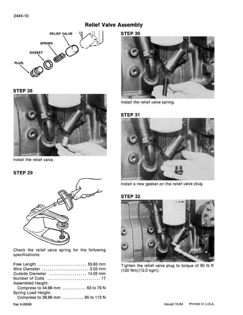 May include: Diagram of a relief valve assembly with step-by-step instructions. Includes illustrations of the relief valve, spring, gasket, and plug. Text includes specifications for the relief valve spring, with measurements in inches and pounds. The image is printed in the U.S.A.
